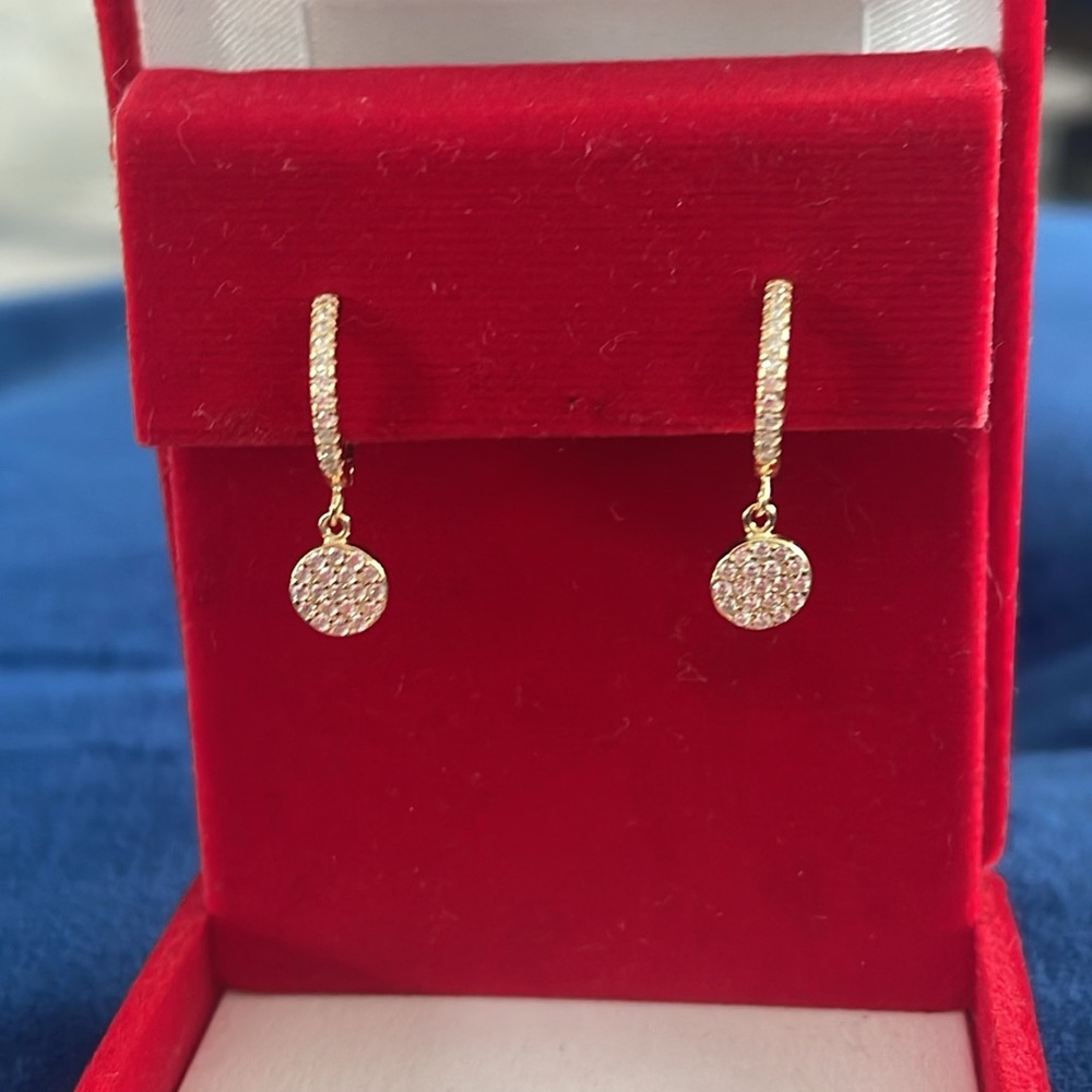 925 Sterling Silver small Yellow Gold plated Hoops Earrings with Pave Discs